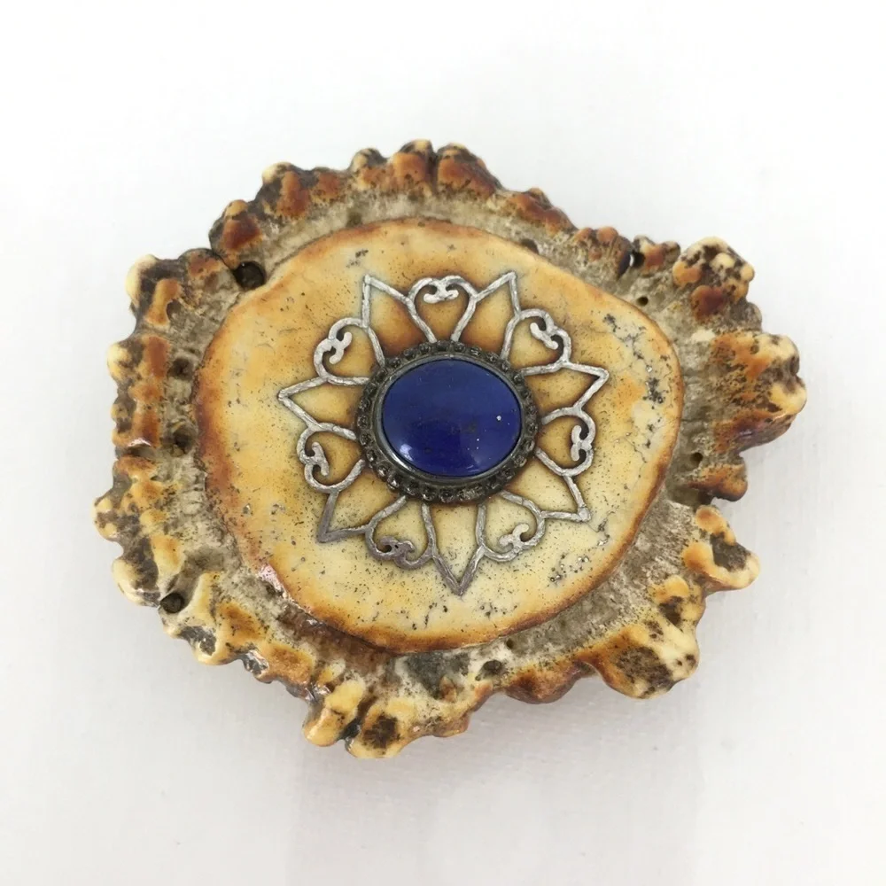 Vintage Handmade Western Antler Belt Buckle Blue Lapis Louise Signed Shanti